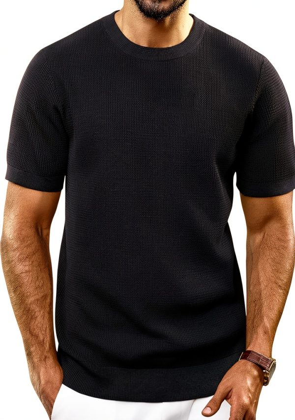 Mens Knit T-Shirt Breathable Textured Design Crew Neck-0