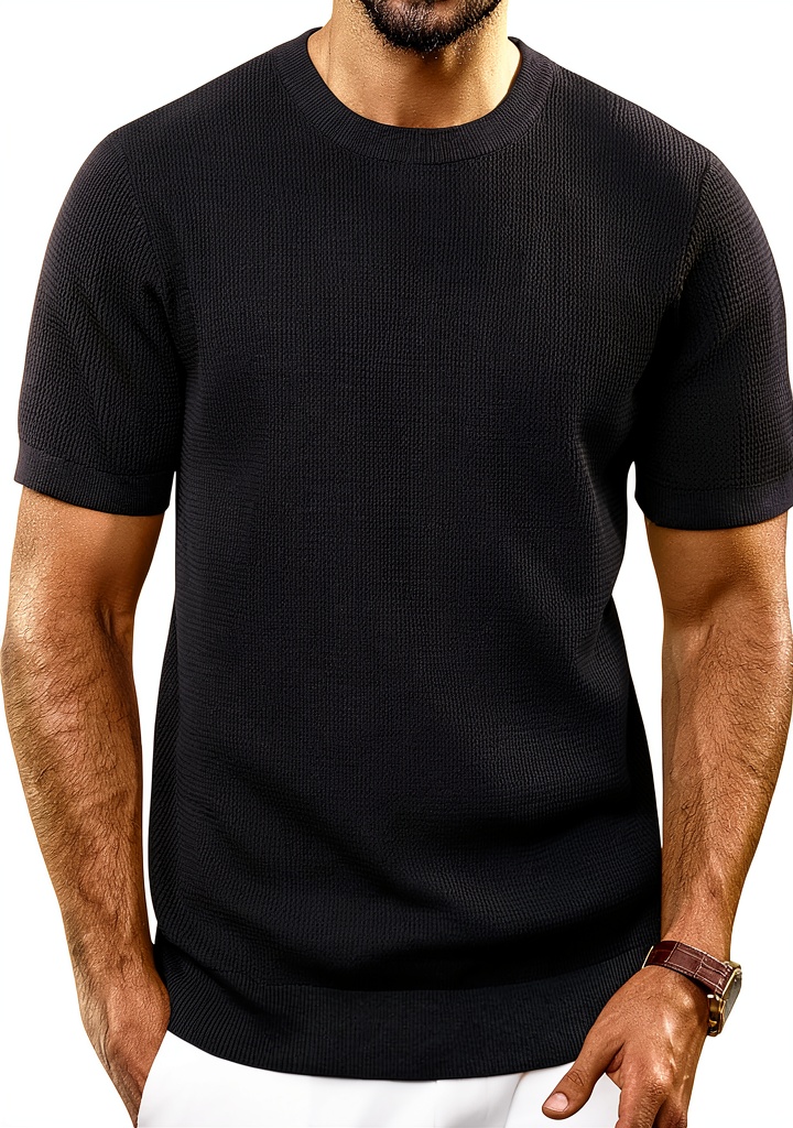 Men wearing the knit t-shirt in a casual setting