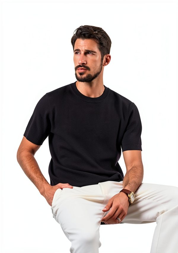 Mens Knit T-Shirt Breathable Textured Design Crew Neck-1