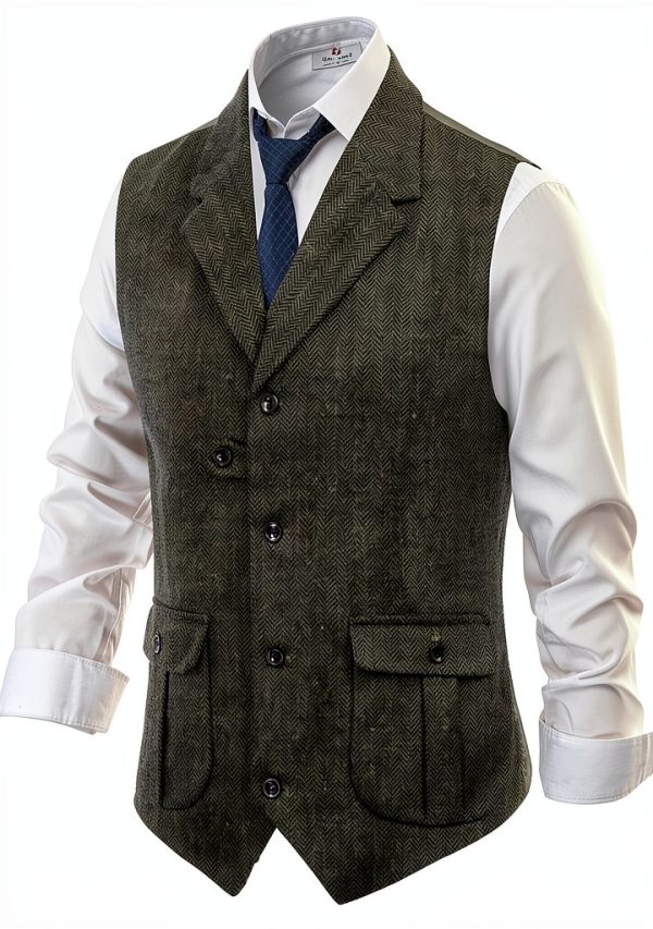 Men's Tweed Vest Retro Design Slim Fit Army Green Coffee-2