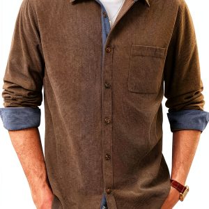Mens Corduroy Button Down Shirt Soft Wrinkle Resistant-0
