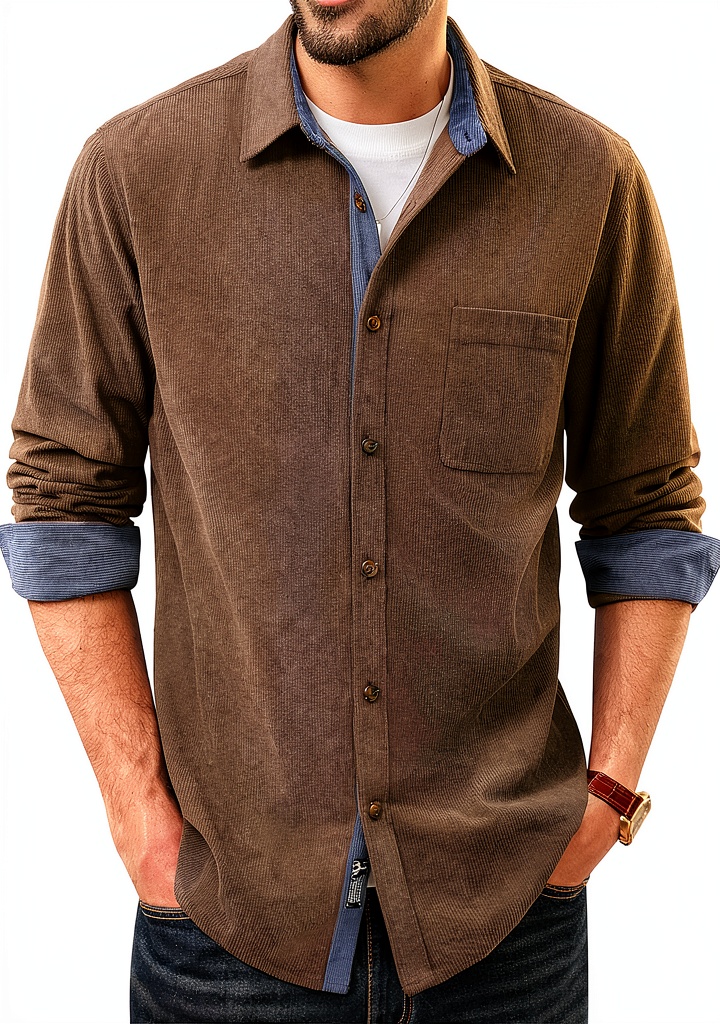 Mens corduroy button down shirt in Navy Blue color showing front design