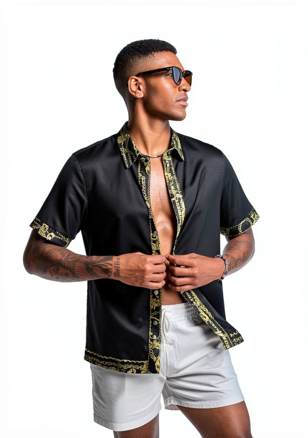 Mens Satin Silk Hawaiian Shirt Black White Navy Green-1