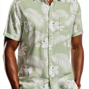 Mens Hawaiian Shirt Polyester Tropical Print Short Sleeve-0