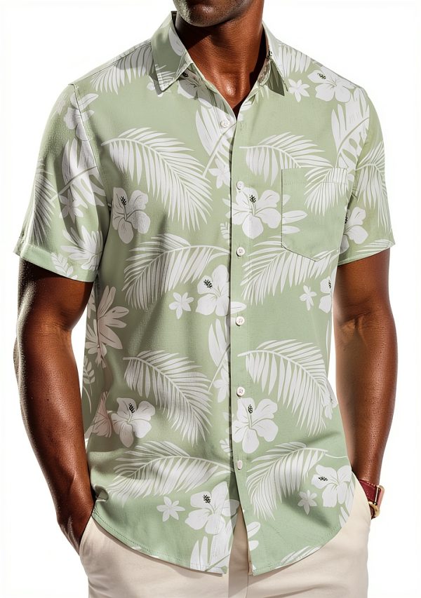 Mens Hawaiian Shirt Polyester Tropical Print Short Sleeve-0