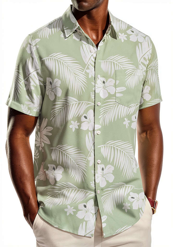 Men's Hawaiian shirt in tropical print on a beach background