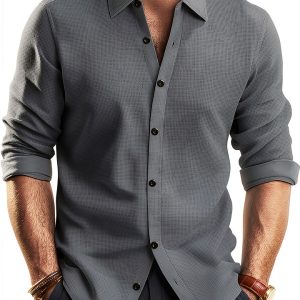 Mens Button Down Shirt Wrinkle Free Stretch Long Sleeve-0