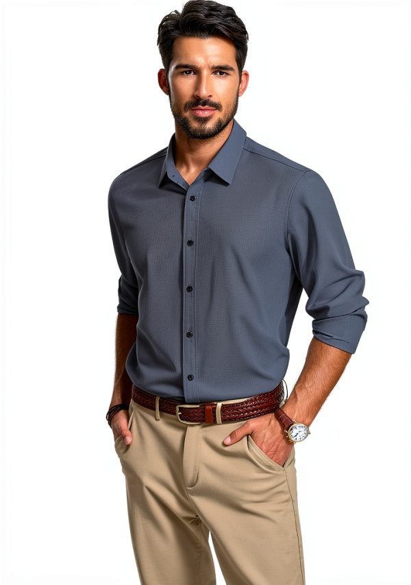 Mens Button Down Shirt Wrinkle Free Stretch Long Sleeve-5