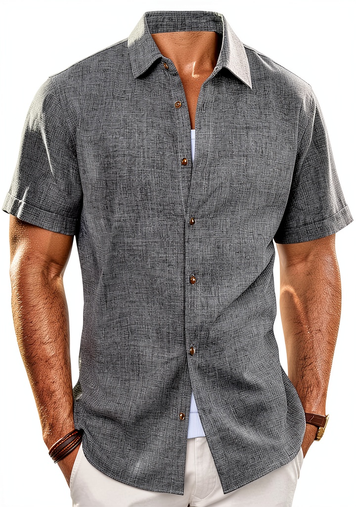 Men wearing the premium button down shirt on a wooden office desk, showcasing the classic collar and wrinkle‑free look