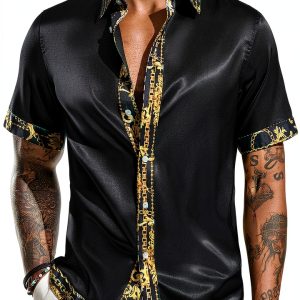 Mens Satin Silk Hawaiian Shirt Black White Navy Green-0