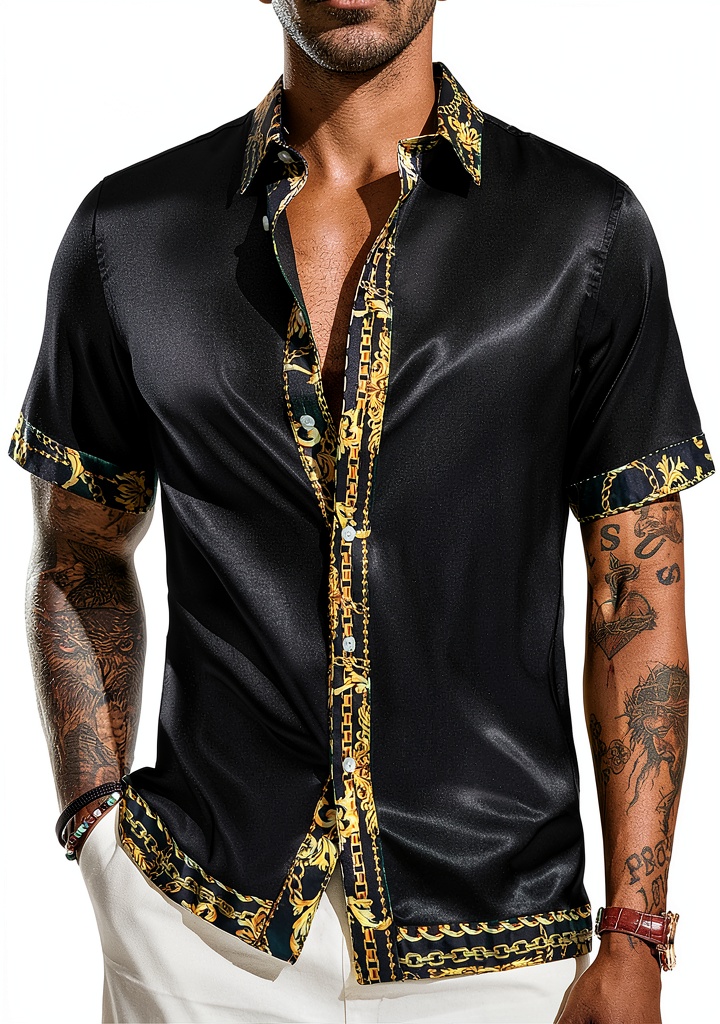 Men's Satin Silk Hawaiian Shirt in multiple colors displayed on a hanger