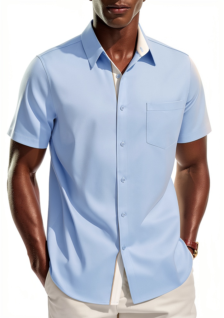 Men wearing the silk-like button-down shirt in a professional setting