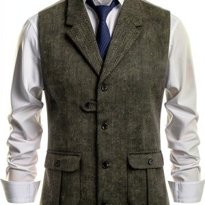 Men's Tweed Vest Retro Design Slim Fit Army Green Coffee-0