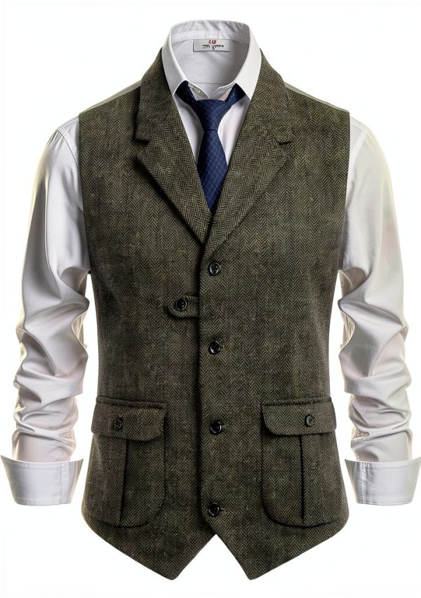 Men's Tweed Vest Retro Design Slim Fit Army Green Coffee-0