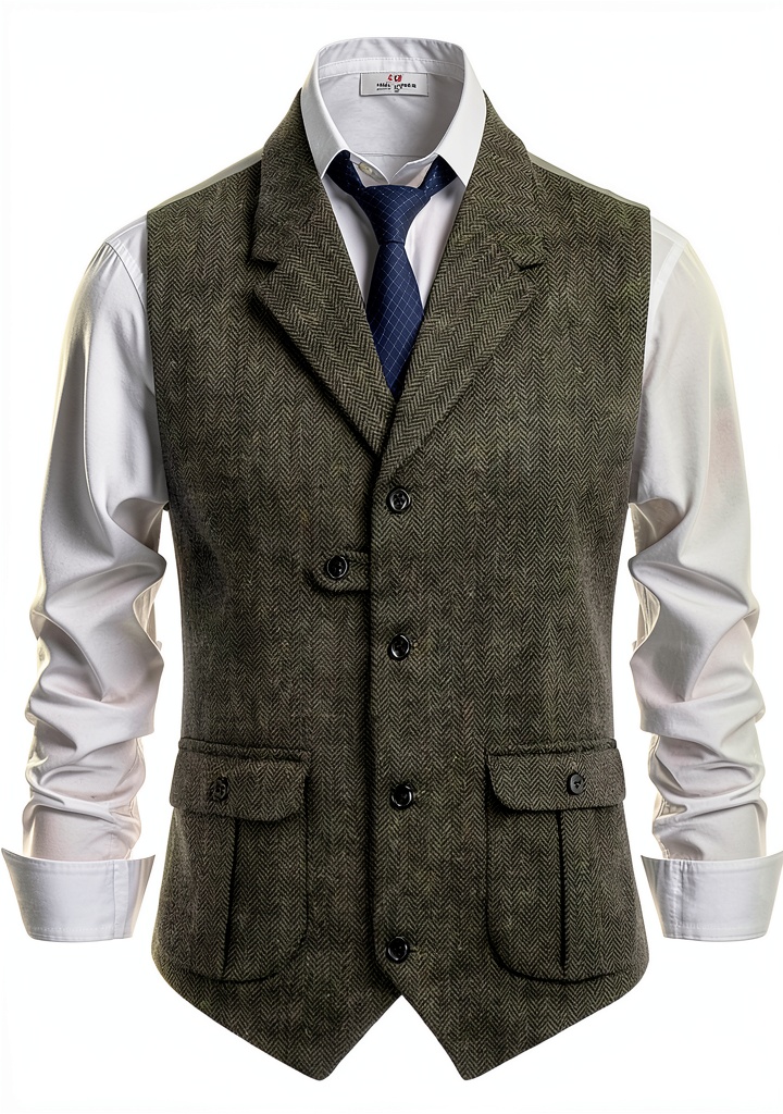 Men's tweed vest in army green color on a hanger