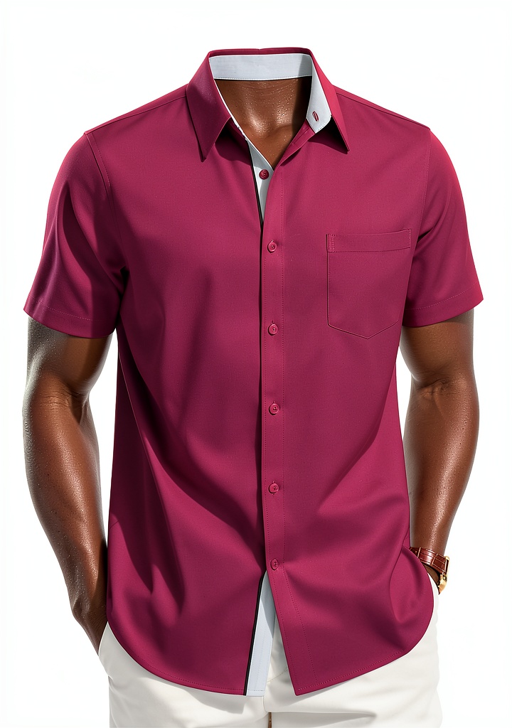 Men's silk-like button-down shirt in various colors displayed on hangers