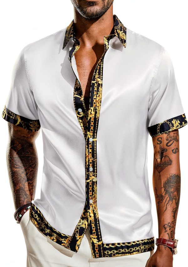 Mens Satin Silk Shirt Hawaiian Summer Printed Short Sleeve-0
