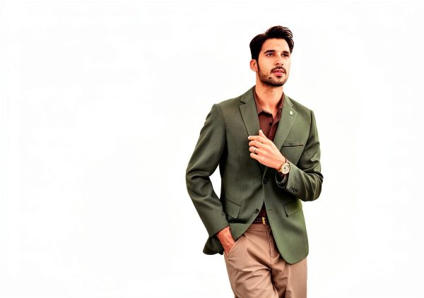 Mens Blazer Lightweight Fabric Removable Brooch Black Olive-3