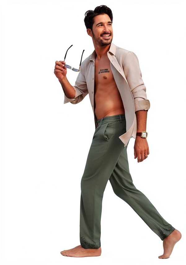 Mens Linen Pants Breathable Casual Elastic Waistband Army-4