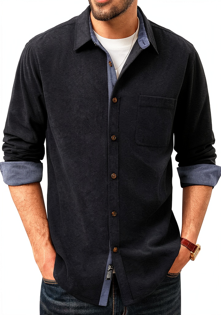 Mens Corduroy Button Down Shirt Soft Wrinkle Resistant displayed on a mannequin in a bright studio