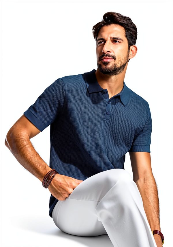 Mens Waffle Knit Polo Shirt Soft Stretch Casual Comfort Fit-1