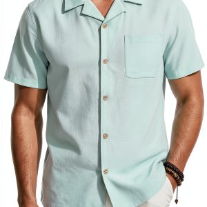Mens Linen Cotton Cuban Shirt Casual Short Sleeve Button-0
