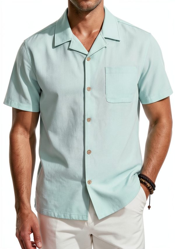 Mens Linen Cotton Cuban Shirt Casual Short Sleeve Button-0