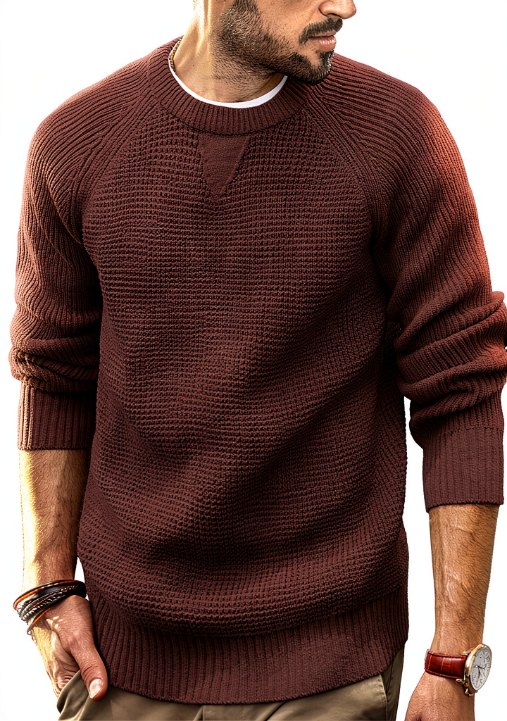 PJ Paul Jones waffle sweater in navy blue on a man outdoors