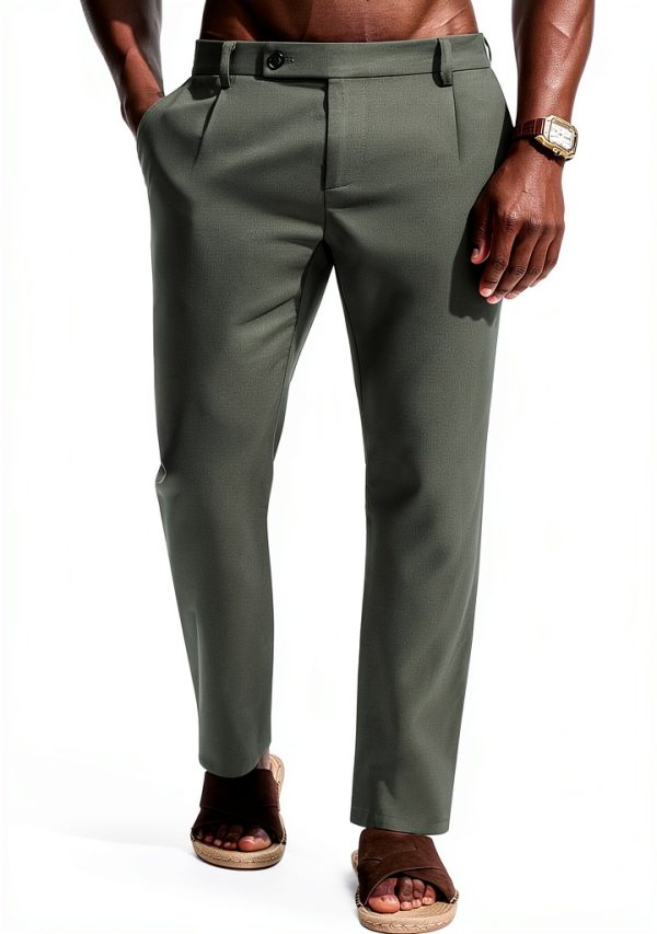 Mens Linen Pants Breathable Casual Elastic Waistband Army-0