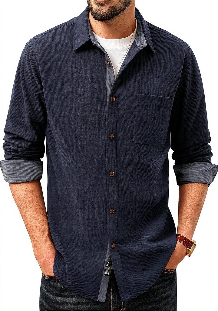 Men wearing corduroy button-down shirt in a casual setting
