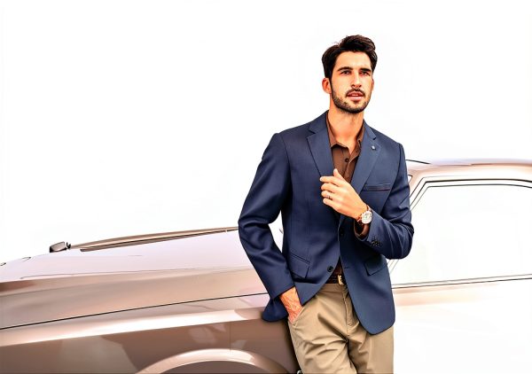 Mens Navy Blue Blazer Lightweight Fabric Removable Brooch-7