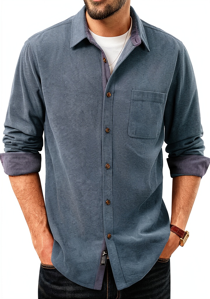 Men's corduroy button-down shirt in multiple colors displayed on a hanger