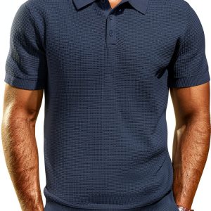 Mens Waffle Knit Polo Shirt Soft Stretch Casual Comfort Fit-0