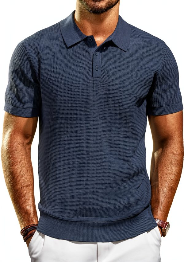 Mens Waffle Knit Polo Shirt Soft Stretch Casual Comfort Fit-0