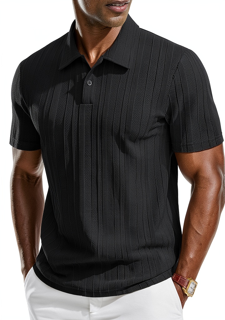 Men's polo shirt in various colors and sizes displayed on a hanger