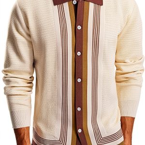 Men Cardigan Sweater Soft Stretch Contrast Color Button-0