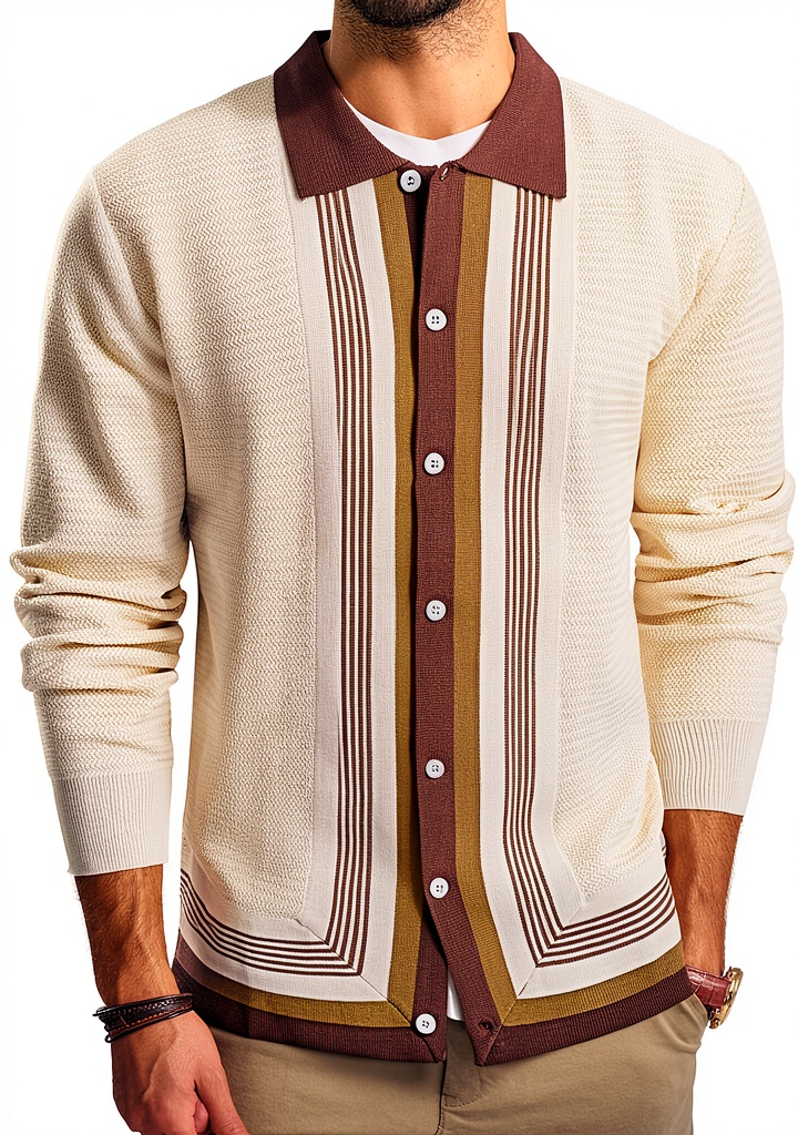Men wearing the cardigan sweater in a casual outdoor setting