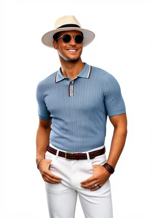 Mens Polo Shirt Viscose Herringbone Texture Golf Casual Wear-1