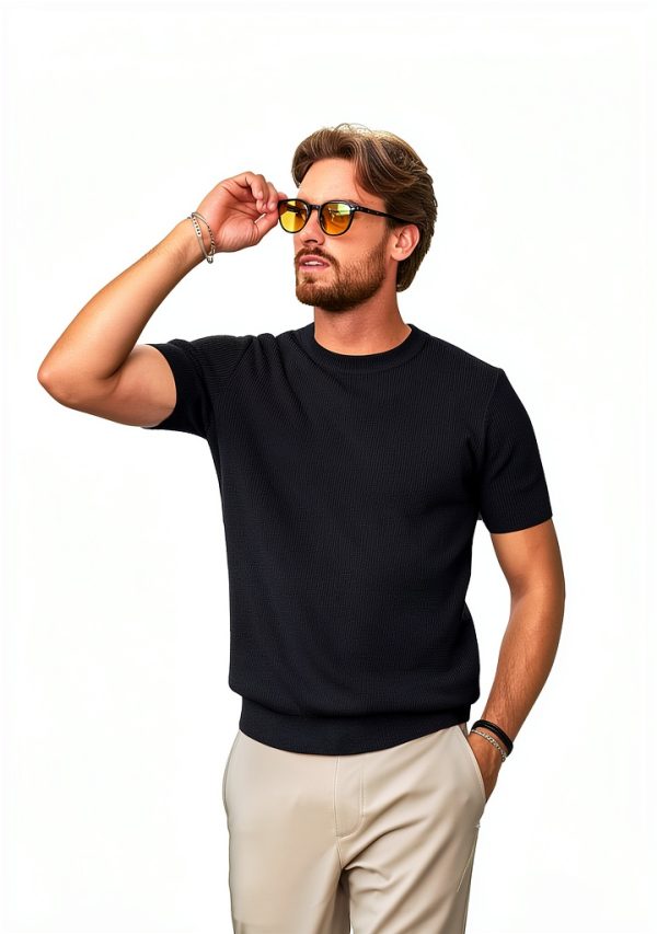 Mens Knit T-Shirt Breathable Textured Design Crew Neck-2