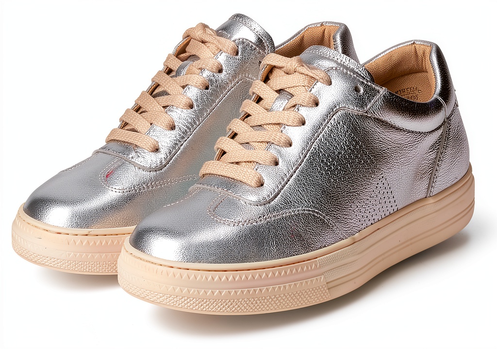 Paul Green women's leather shoes in silver/platinum color displayed from multiple angles