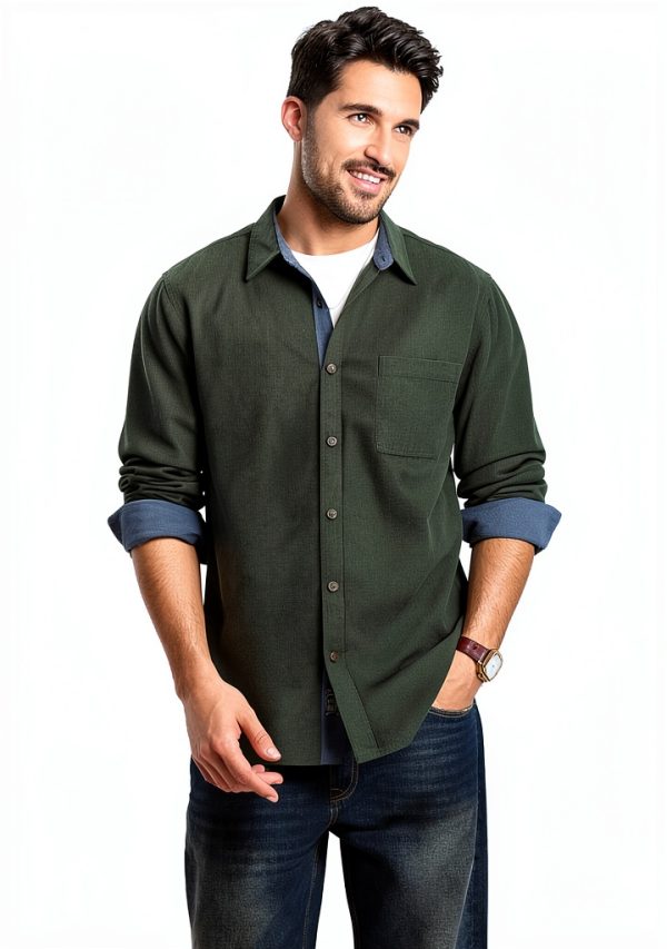 Mens Corduroy Button Down Shirt Soft Wrinkle Resistant Long-3