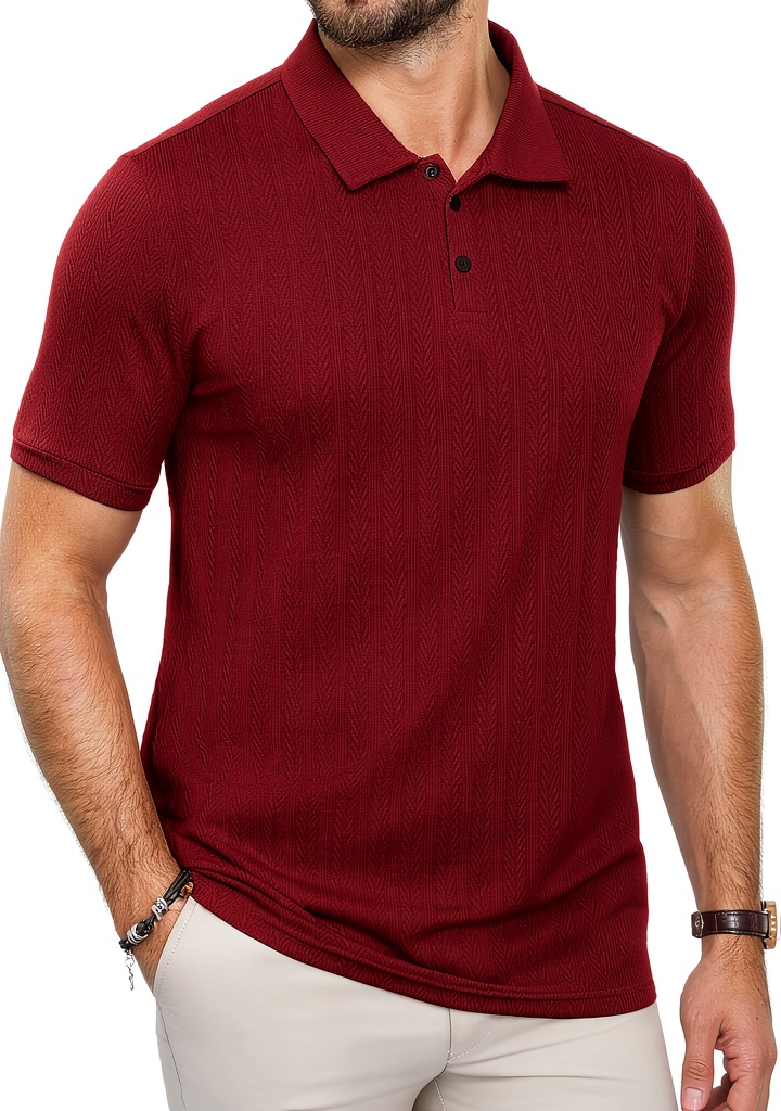 Men's textured polo shirt in various colors displayed on a hanger