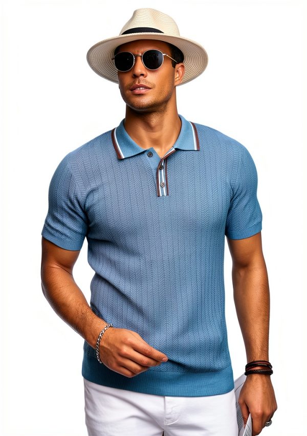 Mens Polo Shirt Viscose Herringbone Texture Golf Casual Wear-2