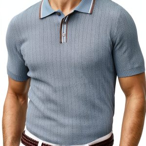 Mens Polo Shirt Viscose Herringbone Texture Golf Casual Wear-0