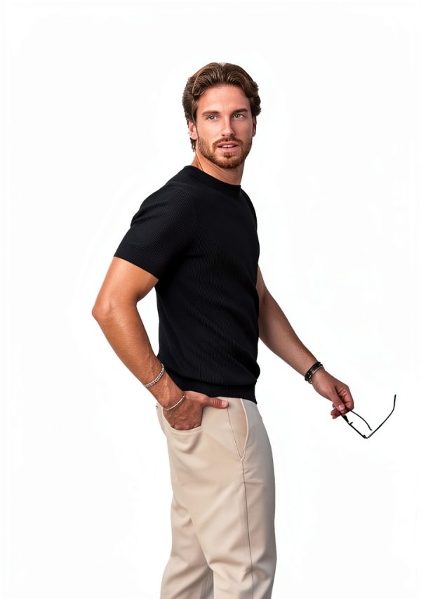 Mens Knit T-Shirt Breathable Textured Design Crew Neck-3