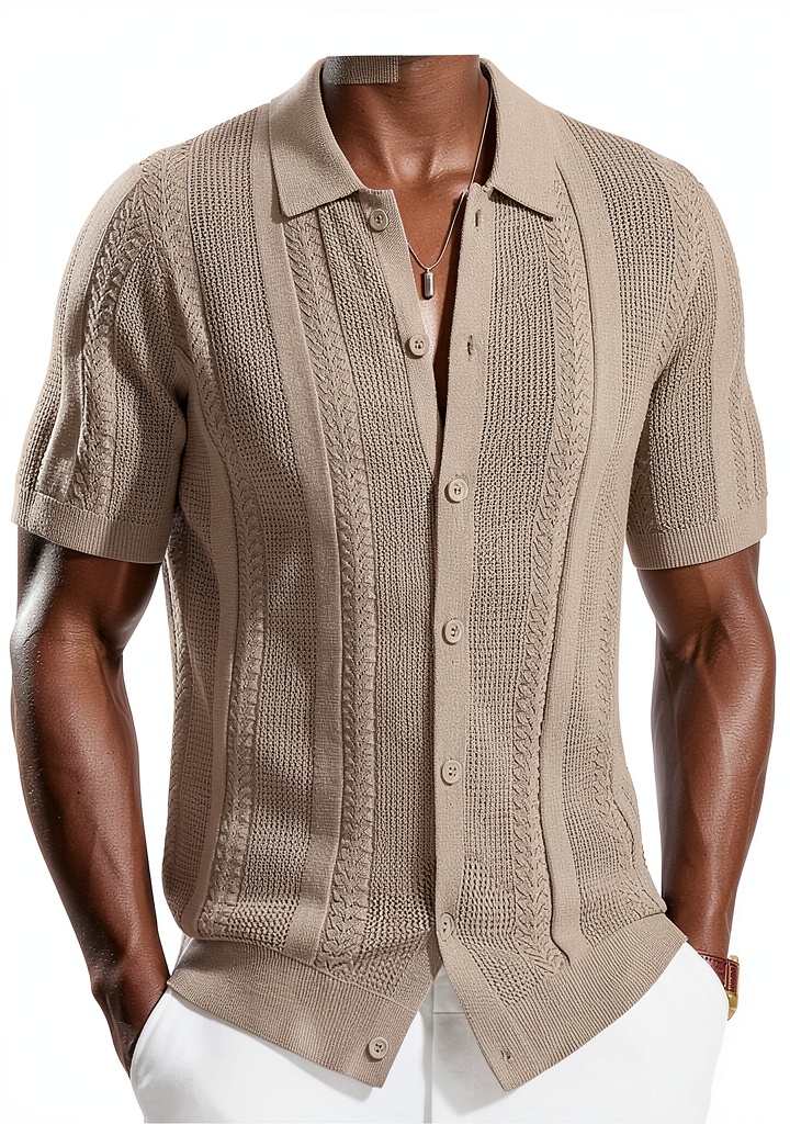 PJ Paul Jones knit shirt in beige color on a man outdoors