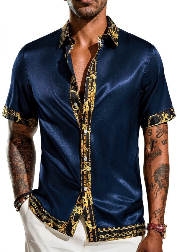 Mens Satin Silk Hawaiian Shirt Short Sleeve Button Down-0