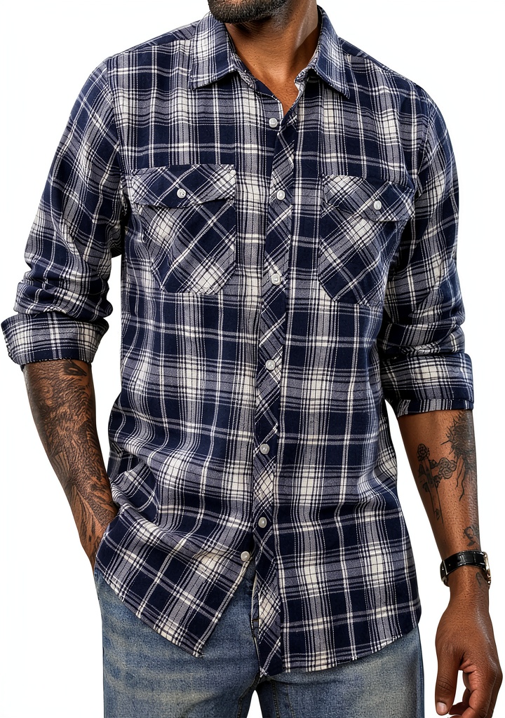 Mens flannel shirt in buffalo plaid design on a man outdoors