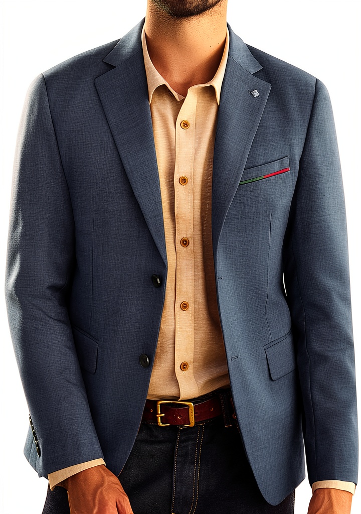 Mens Navy Blue Blazer with removable brooch on a hanger