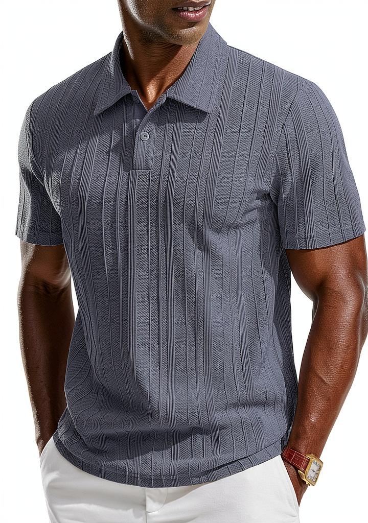Men's polo shirt in grey blue color on a hanger
